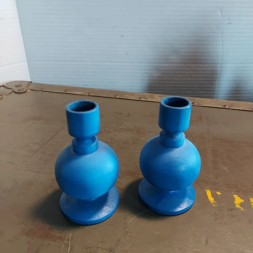 Aarikka Finland Blue Wooden Candle Holders Set of 2 Vintage Scandinavian Modern